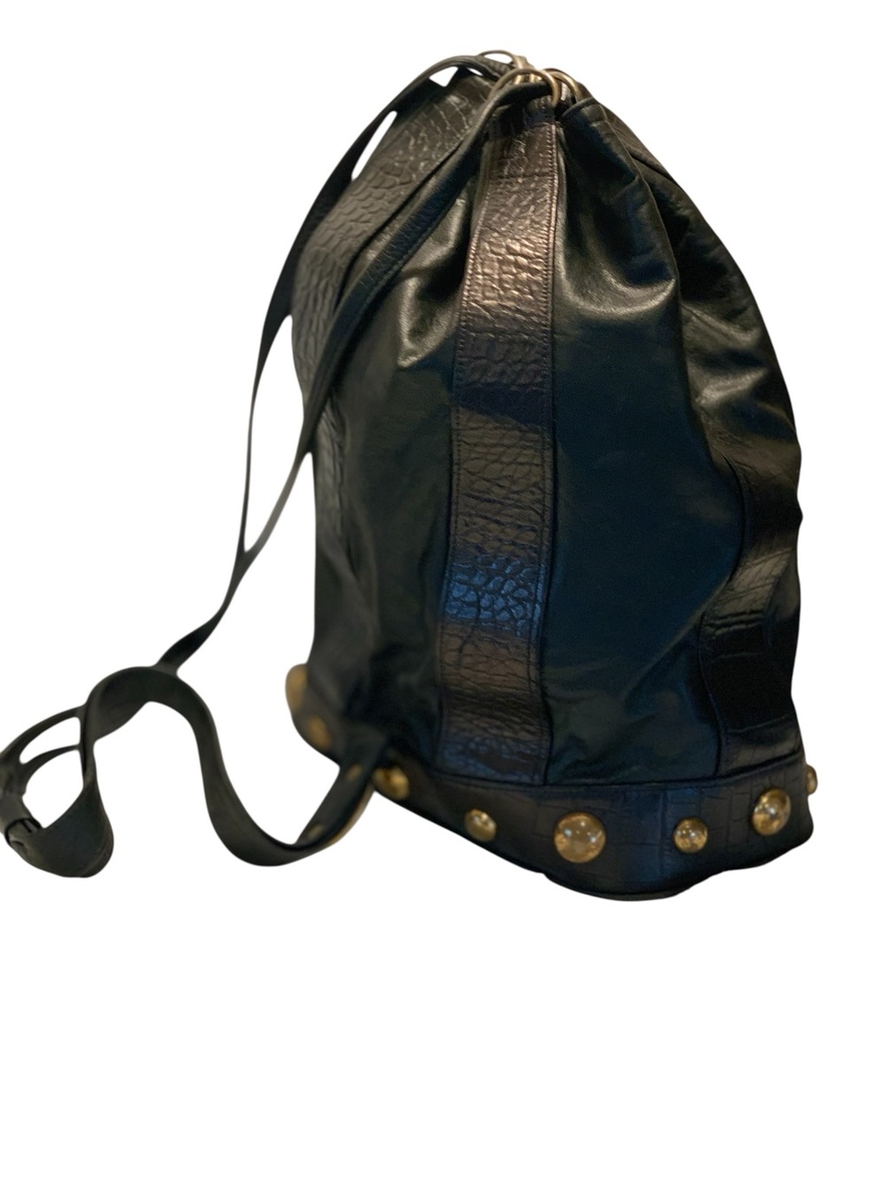 Black Leather Drawstring Backpack with Stud Accents very good condition